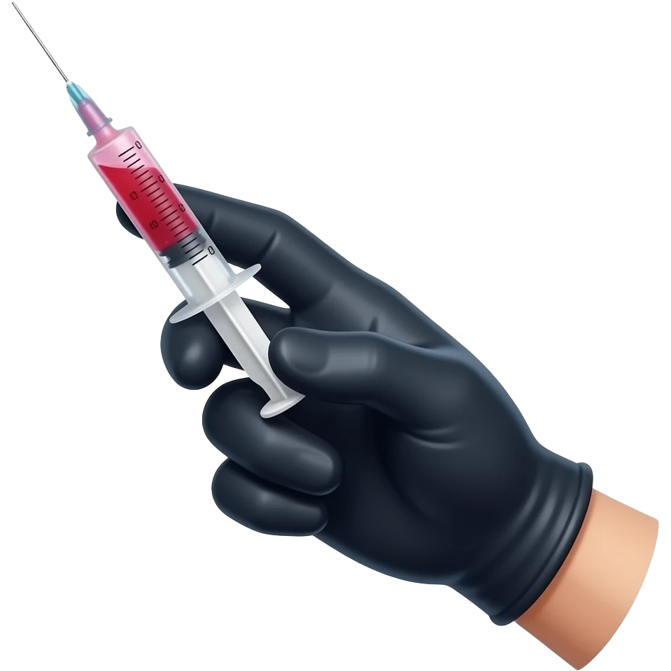 A gloved dainty male hand holding a syringe with glowing neon-red liquid inside. The glove is black but is dark-blue on the palm Side emoji