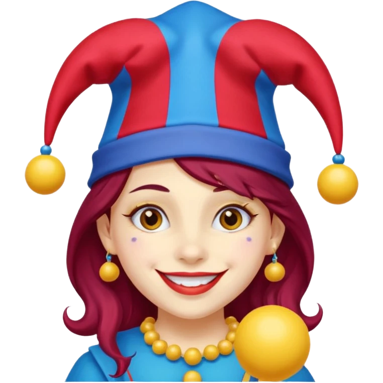 Girl with red and blue jester hat with yellow balls on the ends of the jester hat smiling with rosy cheeks and dark hair emoji