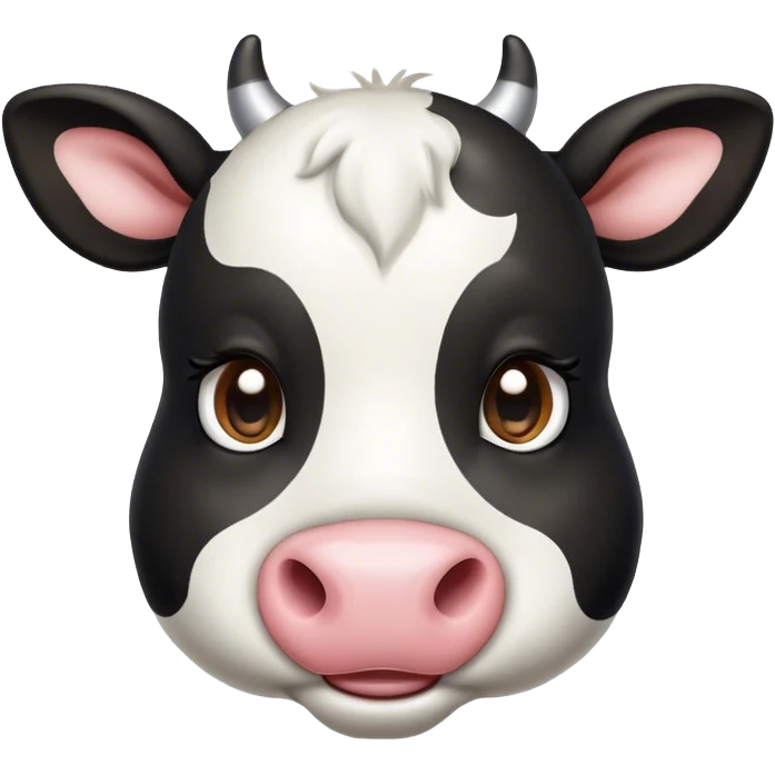 Cinematic Cute Black and White Cow Portrait Emoji, Head tilted playfully and inquisitively, featuring a glossy, contrasting coat of black and white, round, sparkling brown eyes filled with gentle curiosity, Simplified yet irresistibly adorable features, highly detailed, glowing with a warm, friendly glow, high shine, affectionate and serene, stylized with a touch of contemporary charm, bright and endearing, soft glowing outline, capturing the essence of a mischievous yet loving cow, so playful it feels like it could moo out of the screen and into your arms! emoji