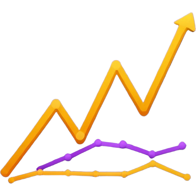 A purple, orange, and yellow line chart with multiple lines and data points emoji