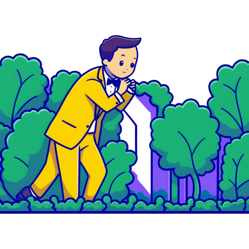 Man in a yellow tux hiding in a bush emoji