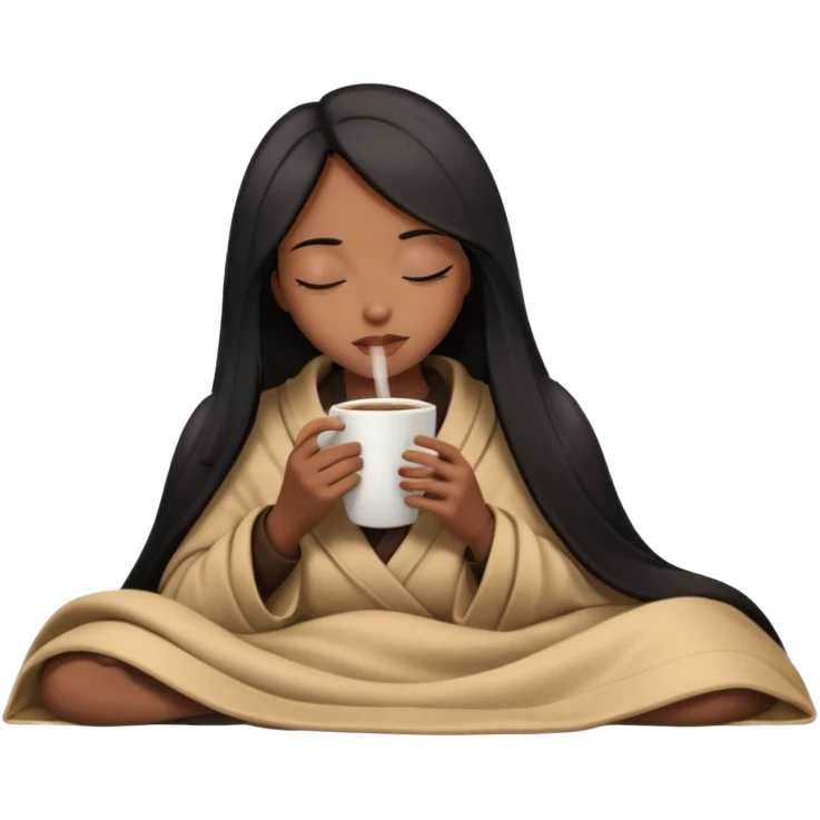 Chocolate brown girl with long straight jet black hair wrapped inside a tan blanket sipping coffee eyes closed emoji