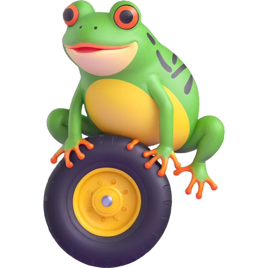 frog head on a tire with legs sprouting and walking emoji