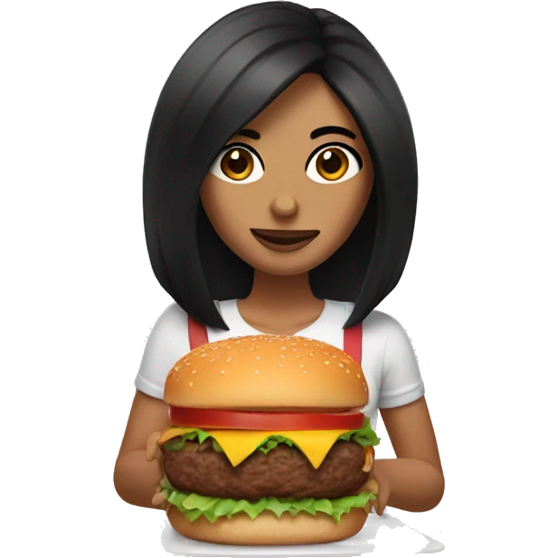 woman with medium length black hair and long eyelashes holding a burger emoji