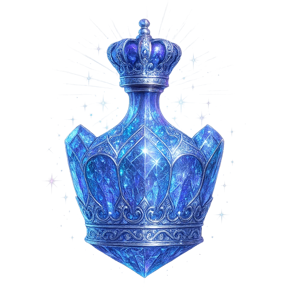 luxurious crystal elixir bottle in crown shape, color #7986cb, multi-layered holographic and silver filigree, intricate crystal texture, magical glowing and sparkling effects, radiant light beams, very small neck, seamless ornate bottom, transparent background, bottle clearly floating in air, no base or shadow, not standing, modern, collection style, extremely beautiful and refined emoji