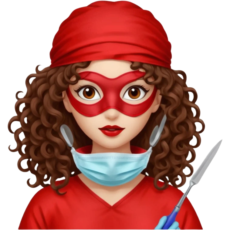 Lilith symbol seductress long curly hair evil surgeon.  brown hair. Red surgical mask and hair covering. She works for cartel and kills  with a scalpel. emoji