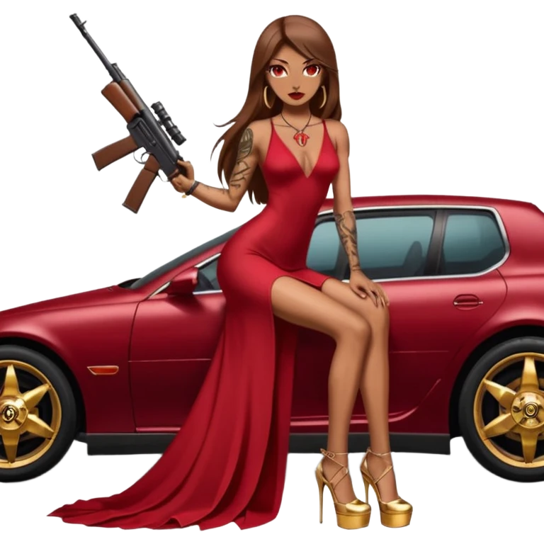 Lilith tan skinfemale red eyes symbol. Tattoo arms. Her hair is brown straight long hair.wearing sexy long ruby covered dress with slit. black stiletto thick platform high heels shoes on. Sitting on gold giant luxury car with cash on her. She is holding a sniper rifle in one hand cash in other hand emoji