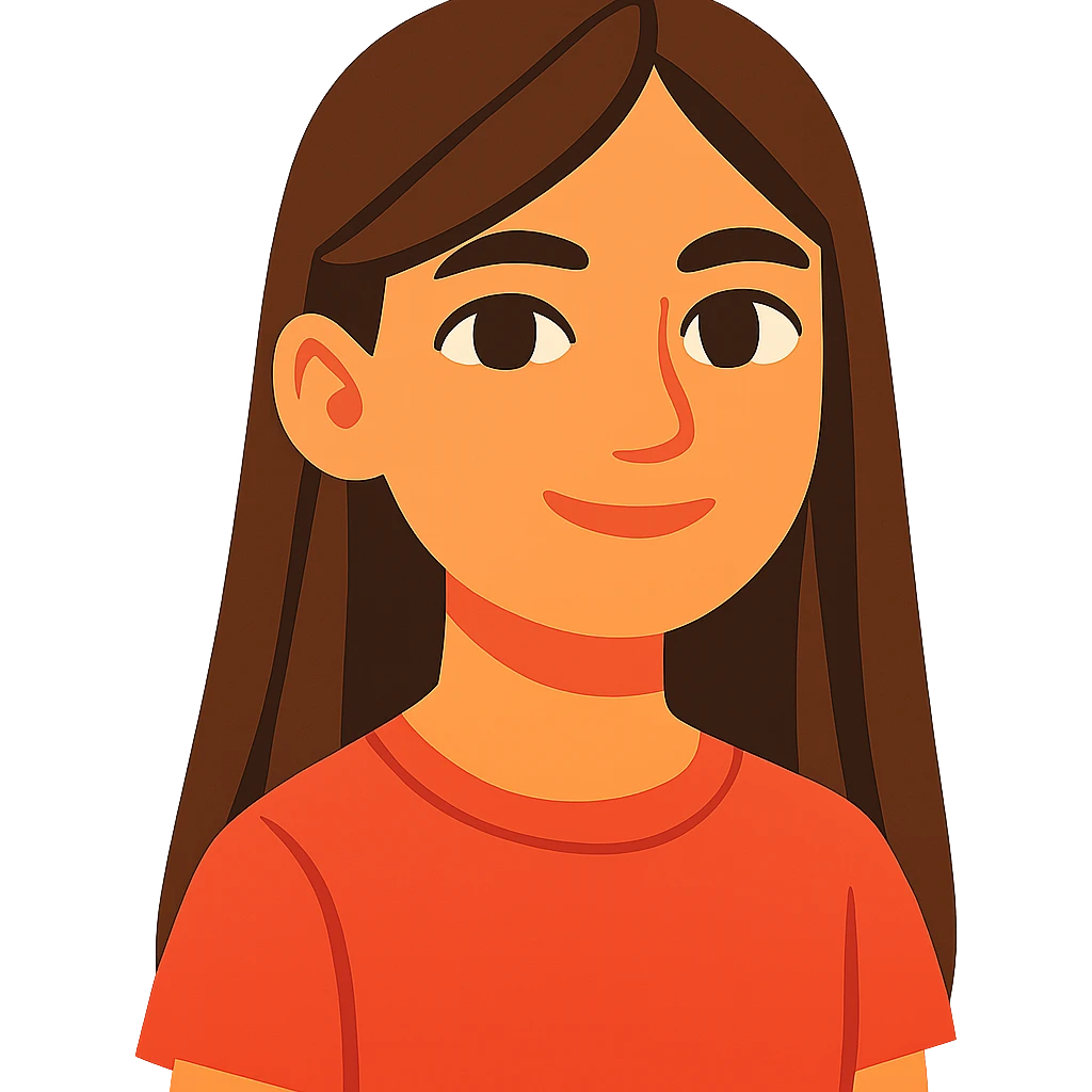 niña de 12 años con pelo largo castaño, ojos marrones claros, cejas marrones, pestañas negras, nariz mediana y labios medianos rosas emoji