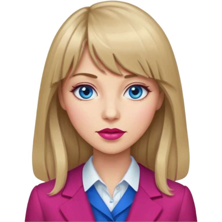 Woman with long dark blond hair and bang, blue eyes, raspberry lip, with classy clothe emoji emoji