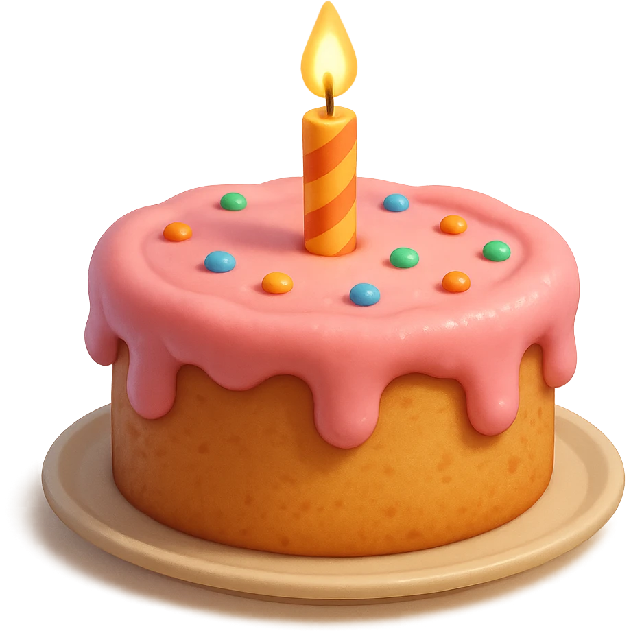 Draw a Pixar-style birthday cake with pink cream and a single candle emoji