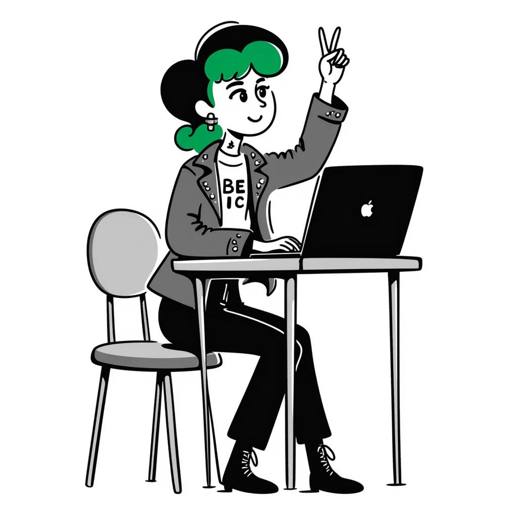 Alternative rocker girl with green and black hair, nose ring, neck tattoo, wearing combat boots and studded leather jacket, confidently raising hand while sitting at desk with laptop in music class emoji