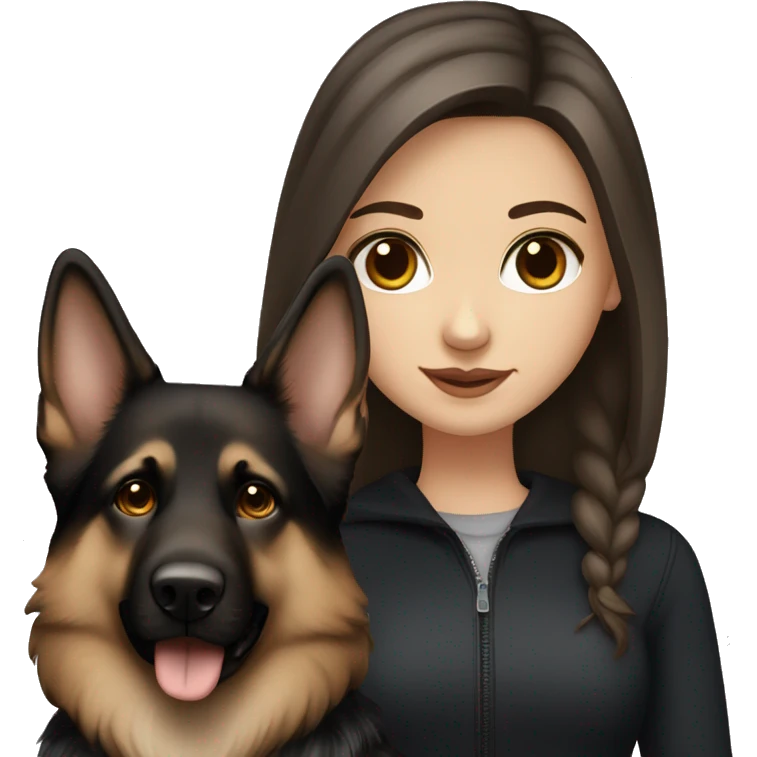 white girl with long dark brown hair and black eyes with a german shepherd  emoji