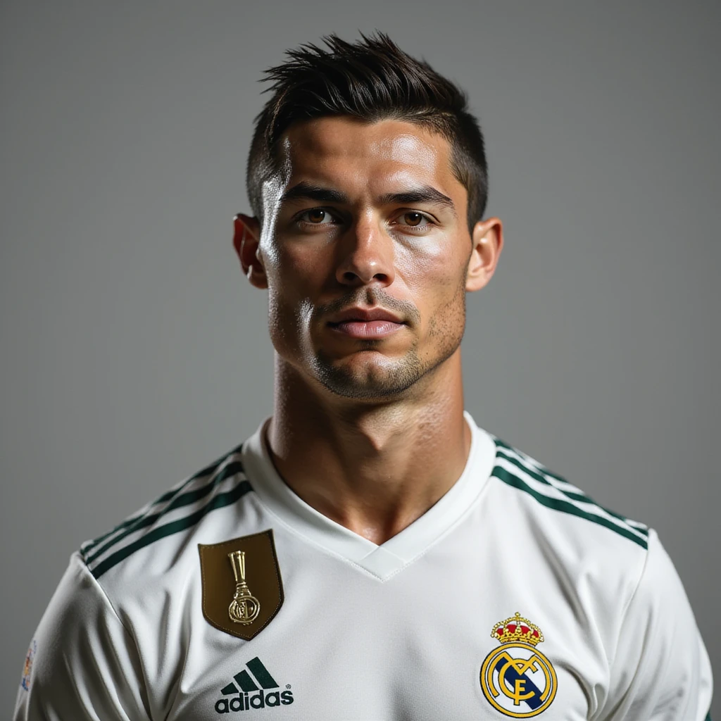 realistic portrait of Cristiano Ronaldo, photorealistic style, in a soccer jersey, neutral background emoji