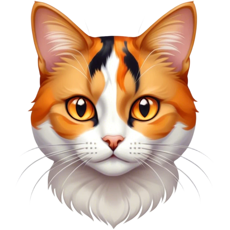 Cinematic Noble Calico Cat Portrait Emoji, Poised and regal, with a striking patchwork coat in vibrant orange, black, and white hues, delicate whiskers and a refined, focused gaze, simplified yet exquisitely detailed, glowing with a soft, moonlit radiance and an air of aristocratic elegance, high shine, exuding dignified intelligence and poised authority, soft glowing outline, capturing the essence of a watchful and noble calico cat that appears ready to grace the screen with effortless majesty! emoji