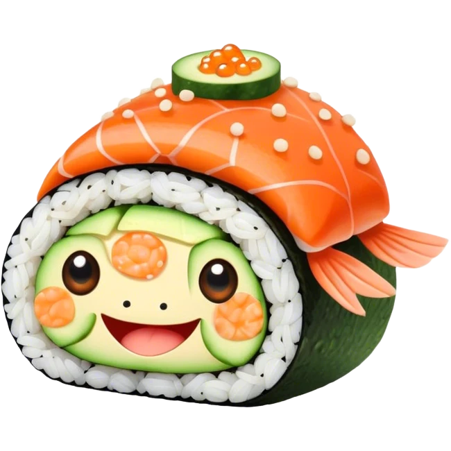 Cute Kawaii California Roll, tiny and round, cute layers of avocado, crab, and cucumber, wrapped in bright orange fish roe, a joyful winking face, tiny sesame seed freckles! emoji