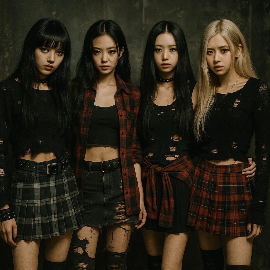 Blackpink in grunge goth style, plaid, ripped clothing, moody attitude emoji