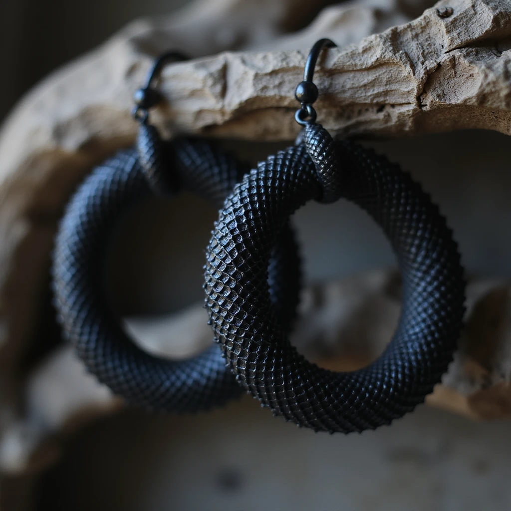 realistic goth earrings, black snake hoop, coiled gothic, mysterious emoji