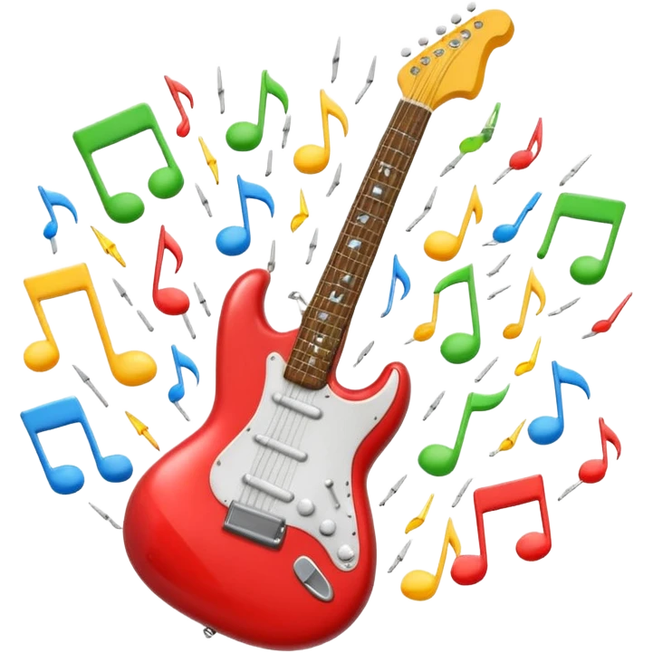 A 3D Apple-style emoji of a bold “ROCK” text written in shiny metallic letters, with an electric guitar leaning on the text, surrounded by small music notes and lightning bolts, energetic and powerful rock music vibe emoji
