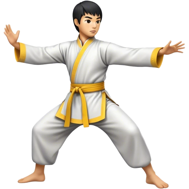 Cinematic Realistic Kung Fu Action Emoji, depicted as an epic martial arts scene with a master executing a precise move in traditional attire, rendered with fluid motion and vibrant textures under dramatic high-contrast lighting. emoji