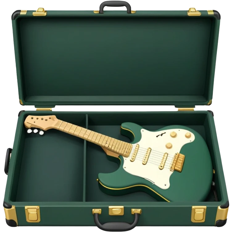 minimalist electric guitar in dark green, closed inside a black rectangular hard case with gold latches, soft matte textures, simplified details, alternate angle emoji
