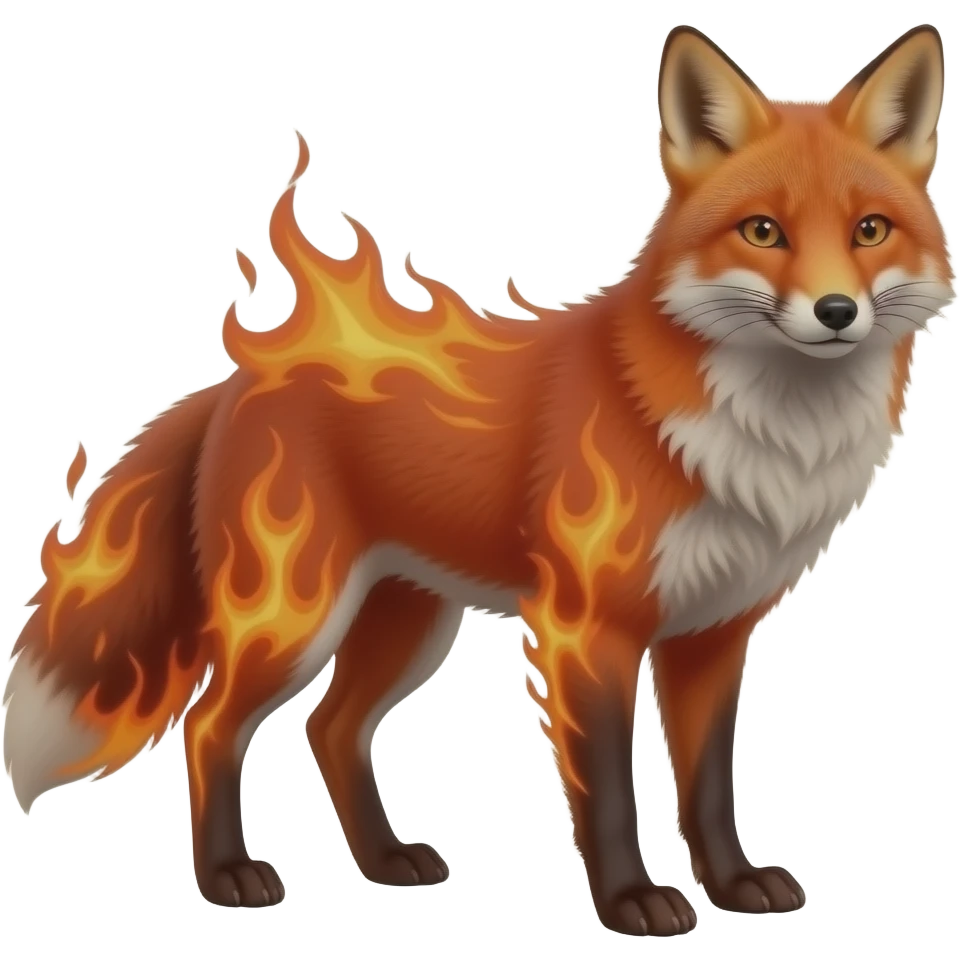 Firefox - Hyper realistic fire red fur ablase with fire and shadow gradients beautiful elegant young cute Fakémon-Pokémon-fox-bird-firefox. no whites of the eyes emoji