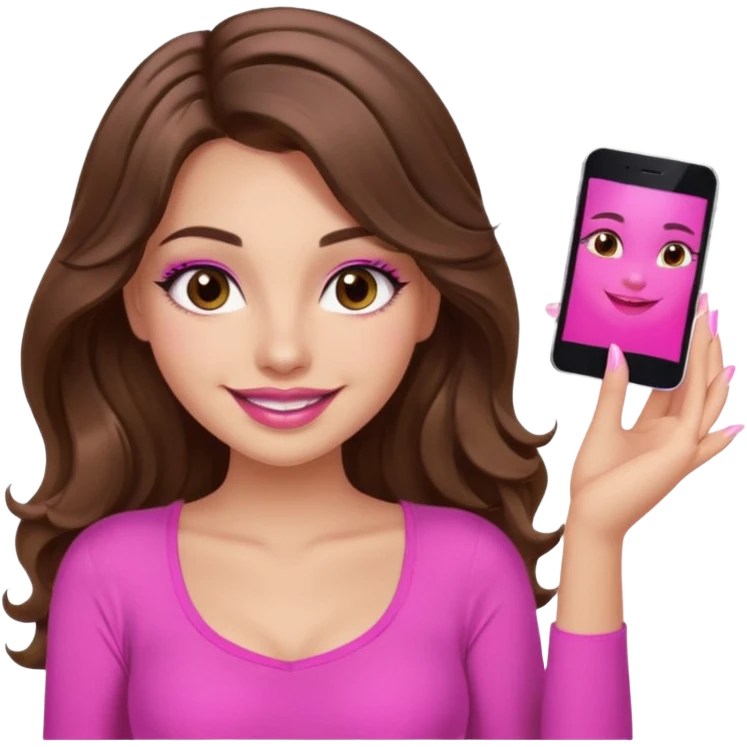 girl with long wavy brown hair, brown eyes, long lashes, sexy pink lips, light to medium complexion, wearing a pink sexy top, smiling, finger tips touching emoji