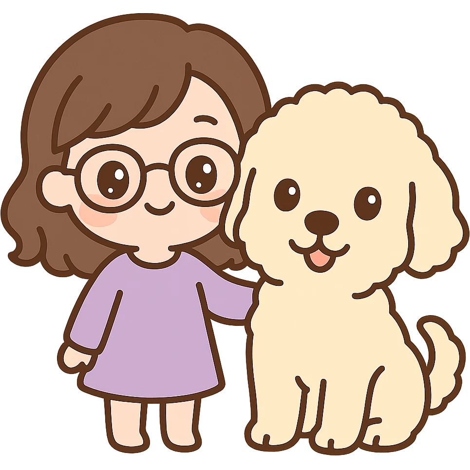 chibi style brunette female with glasses in a purple outfit with her large white or cream colored goldendoodle, both smiling emoji