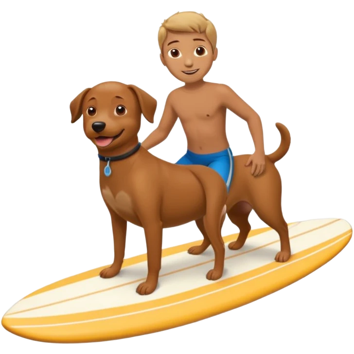 Boy on surfboard with brown dog smiling  emoji