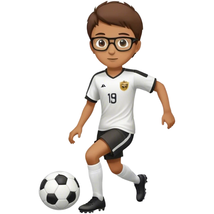 A boy with short brown hair and glasses with soccer kit anf playing soccer emoji
