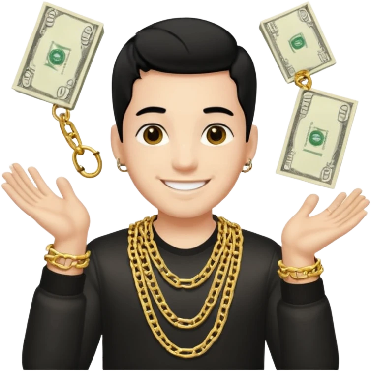 Has un chico con mucha plata en sus manos y en su alrededor, Con una cadena que diga "JovenBallin" y que tenga pelo negro y sea piel blanca emoji