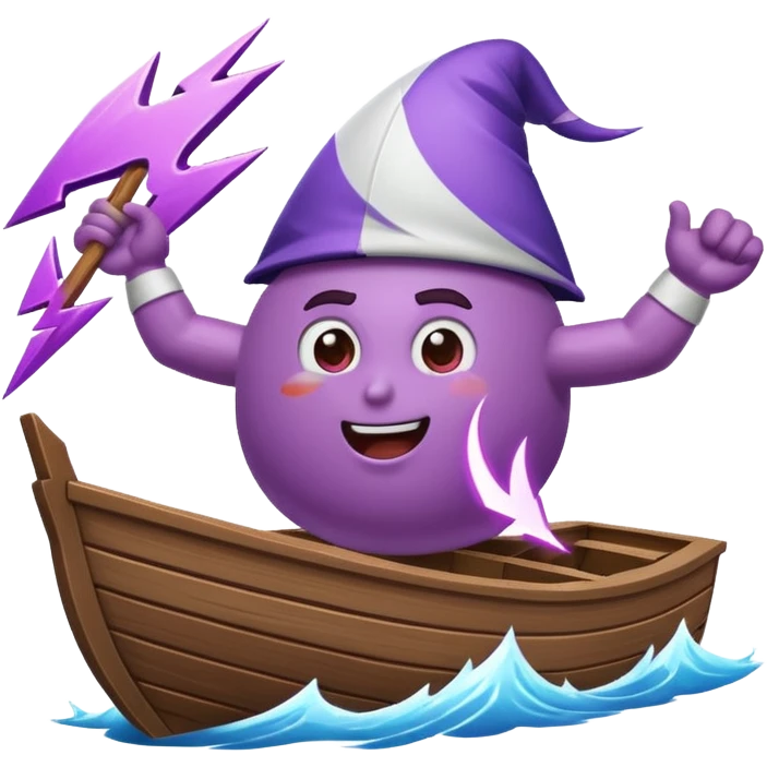 an animated gif emoji of a buff purple lightning bolt sailing away on a boat emoji