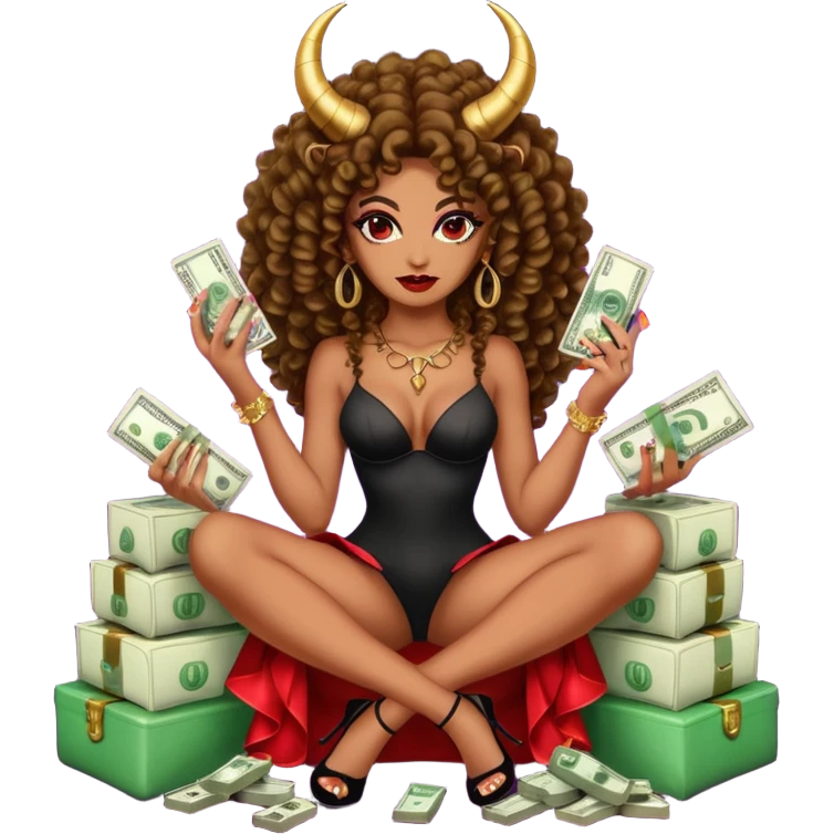seductress evil brown curly haired sexy drug lord woman with  glitter platform high heels on her feet,  and devil black horns on her head, holding a stack of cash, has a phone in other hand. Sitting on  Cases of drugs. Goddess evil emoji