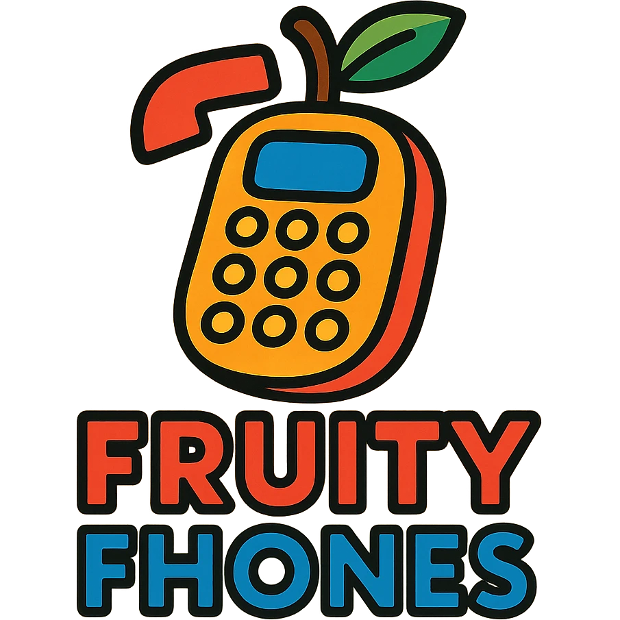 logo for Fruity Fhones, playful, colorful, features a phone shaped like a fruit, suitable for a kids' starter phone brand emoji