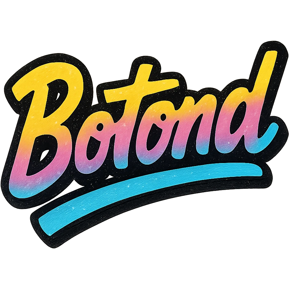 The name 'Botond' in a modern, colorful gradient font with a dark outline, dynamic, slanted or partial underline, in the style of reference patterns. emoji