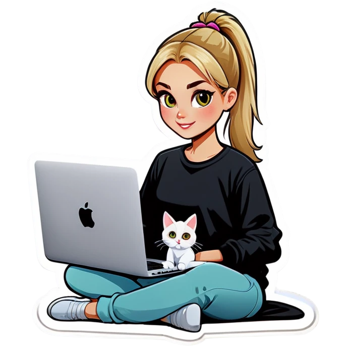 Blonde girl ponytail macBook and a cat emoji