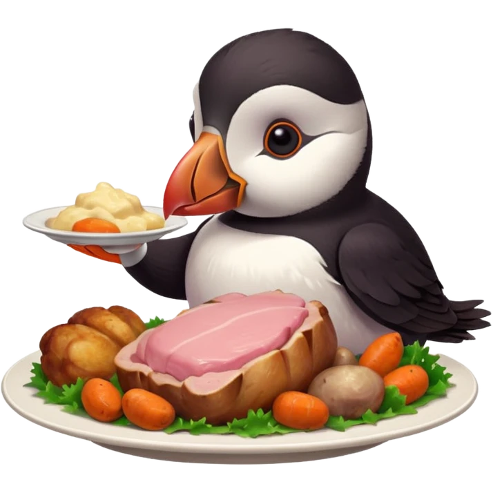 pink puffin that is pink-colored eating roast dinner emoji