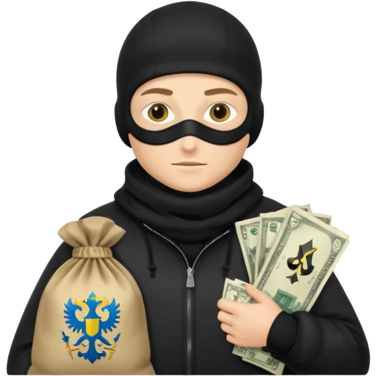 создай реалистичного белого украинца в черное одежде и черной балаклаве с большим мешком денег с  гербом страны на нем  emoji