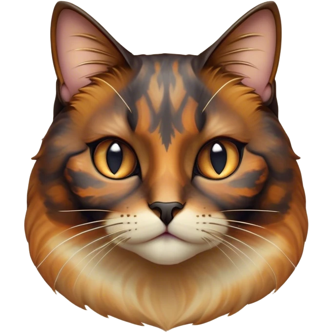 Cinematic Noble Tortoiseshell Cat Portrait Emoji, Poised and dignified, showcasing a luxurious, mottled fur of rich browns and blacks, with elegantly arched whiskers and a determined yet gentle expression, simplified yet meticulously detailed, glowing with a subtle, regal radiance, high shine, embodying quiet nobility and refined charm, soft glowing outline, capturing the essence of a sophisticated tortoiseshell cat exuding quiet authority! emoji