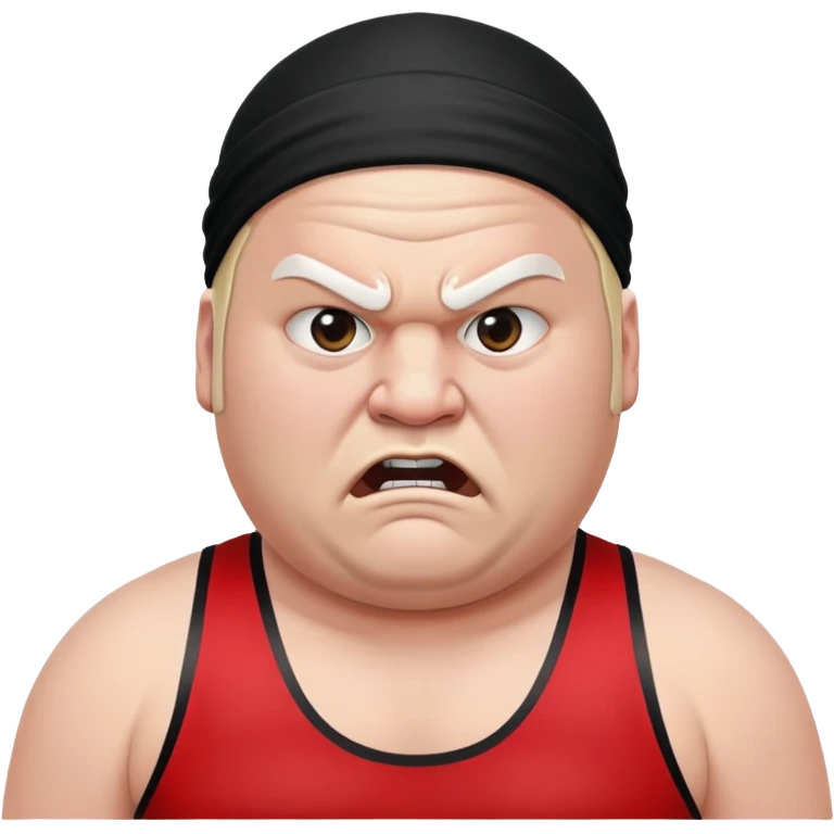Close-up of white skin fat guy with prominent black durag, completely shaved face, no beard or mustache, black eyes in a red and black wrestling singlet with angry face emoji