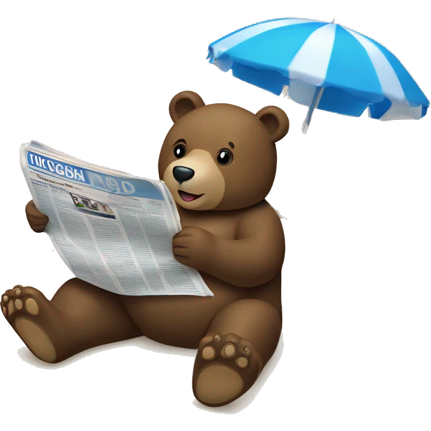 Bear lying on a beach reading a newspaper, blue ocean emoji