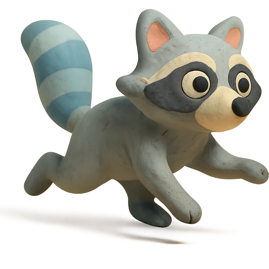 matte plasticine claymation style raccoon running with visible fingerprints and pastel colors emoji