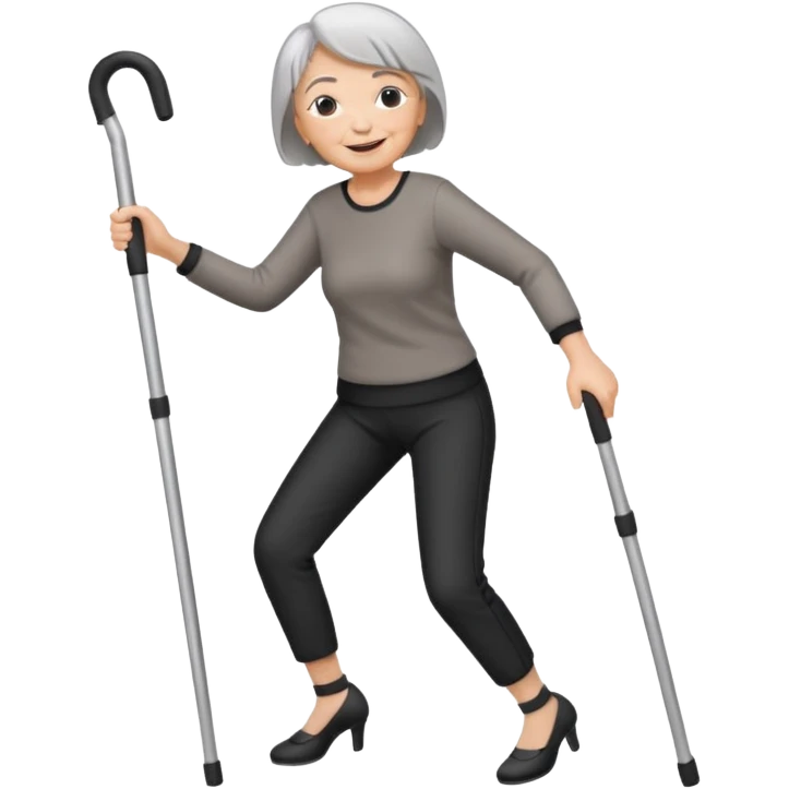 old woman with short hair, dressed with pants,  dancing with crutches emoji