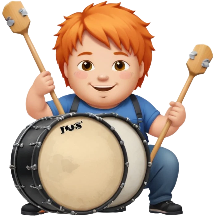 A chubby orange hair fan pounding a bass drum, cheeks puffing with energy with paints on his cheeks emoji