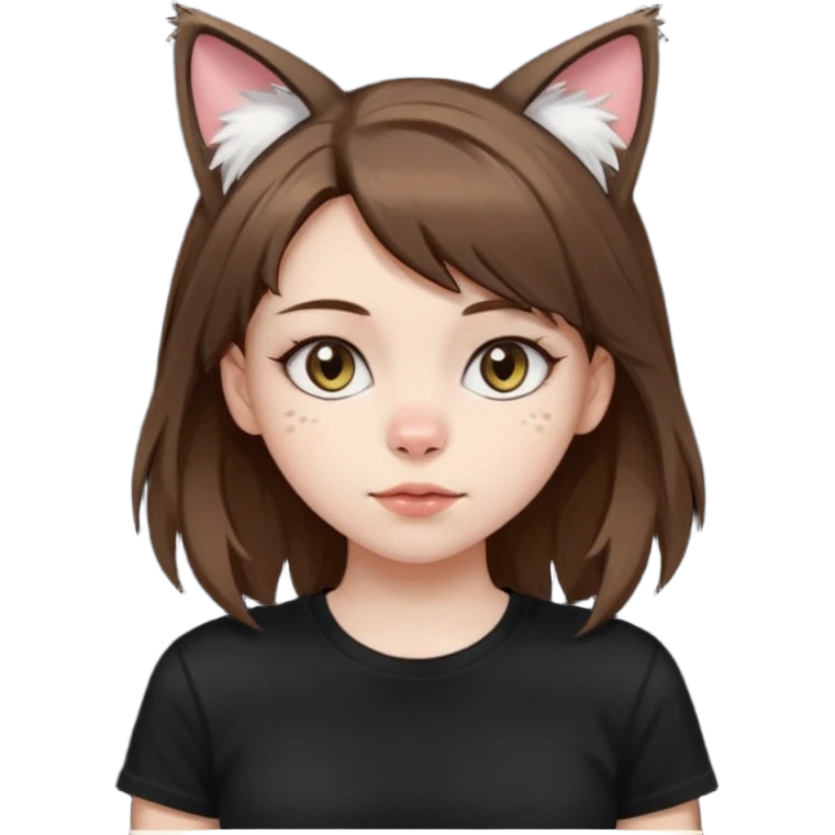 a girl with pale skin, medium length brown hair with lots of dandruff , cat ears and a tail, with a black t-shirt on emoji