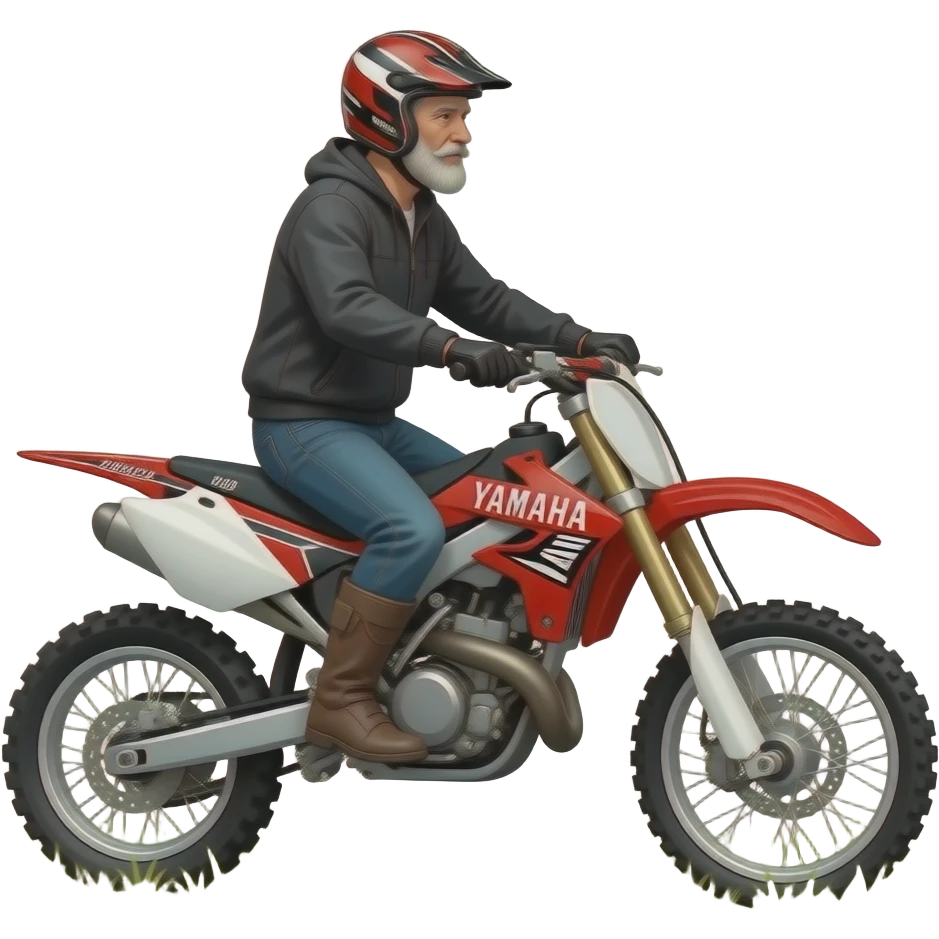 offroad Yamaha 690cc motorcycle red black & white with older man with no beard in helmet riding in bushy area emoji