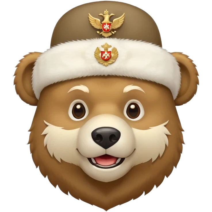 Cartoon Russian bear head wearing white furry ushanka with double-headed eagle emblem centered on the hat, iOS emoji style emoji