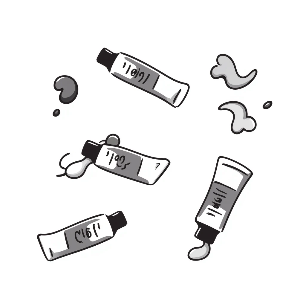 Art paint tubes with different colors squeezed out in pastel colors (dd9fb0, ffc6d3, a3bfc9, c4bee2, f1b091), hand-drawn doodle style emoji