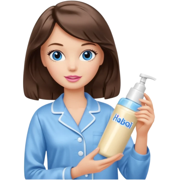 Barbie girl with makeup, blue eyes , and bob long haircut wavy, short brown hair in creamy color pajamas, face cream in hand emoji