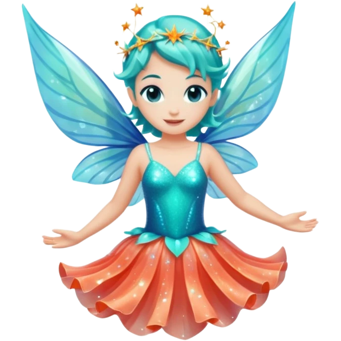 portrait of a small ocean fairy with translucent fins for wings, turquoise skin, coral-like dress, floating above water with sparkles around, joyful pose, front-facing, magical vibe emoji