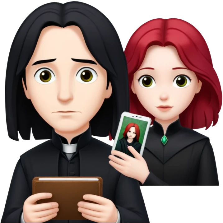 Severus Snape with black hair looking at a photo of Lily with red hair emoji